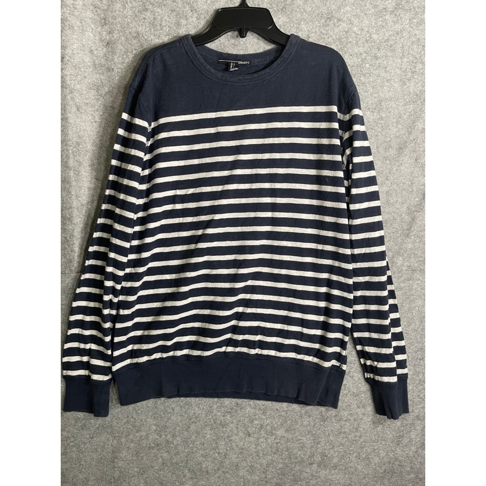 21Men Mens Navy Blue White Striped Crewneck Sweater Long Sleeve Large
